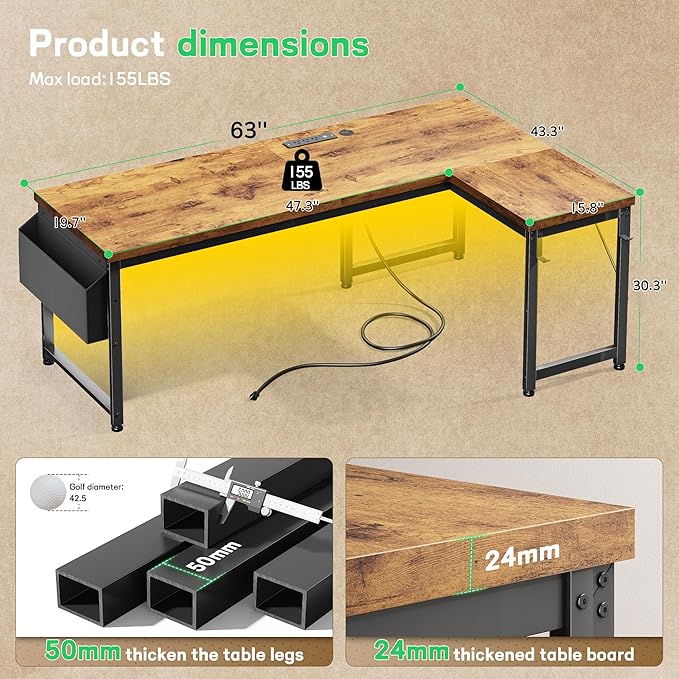 63 Inch L Shaped Desk Computer Desk with Power Outlets & 0.95 Inch Thicker Desktop, Gaming Desk with Storage Bag & Lights, Corner Desk, Reversible Office Desk for Living, Study,Bedroom,Brown