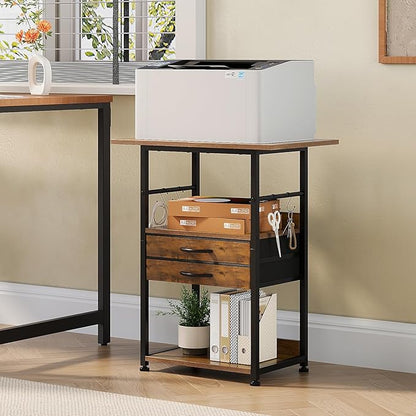 VENNQD Large Printer Stand with Storage Fabric Drawer Under Desk Printer Table with Wheels for Home Office, Printer Cart fit Fax Machine Scanner (Rustic Brown, 3 Tiers)