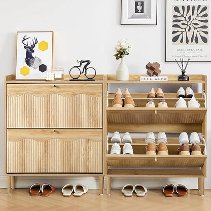 BERRYMERRY 31.5” Fluted Shoe Storage Cabinet Storage for Entryway, 2 Flip Drawers Narrow Shoe Organizer Cabinet with Wave Profile for Hallway,Living Room