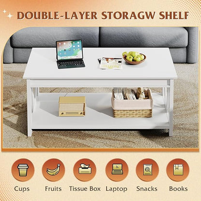WLIVE Coffee Table with Storage Shelf, 39.4" Farmhouse Coffee Table with V-Frame Support, 2-Tier Wood Rustic Center Table for Living Room, Bedroom & Balcony, All White