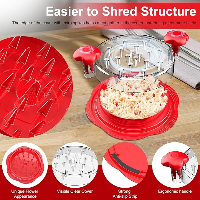 SURETIVIAN Chicken Shredder Tool Twist Large Chicken Breast Shredder with Brush&Fork, Visible Meat Shredder Machine, Anti-Slip Strip, Ergonomic Handle, BPA Free, Suitable for Pork Beef Chicken(Red)