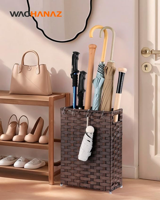 Rattan Umbrella Stand, Umbrella Holder for Entryway, Hand Woven Umbrella Rack Organizer Freestanding, with a Detachable Drip Tray, 4 Hooks, 11.8" L x 5.5" W x 16.5" H