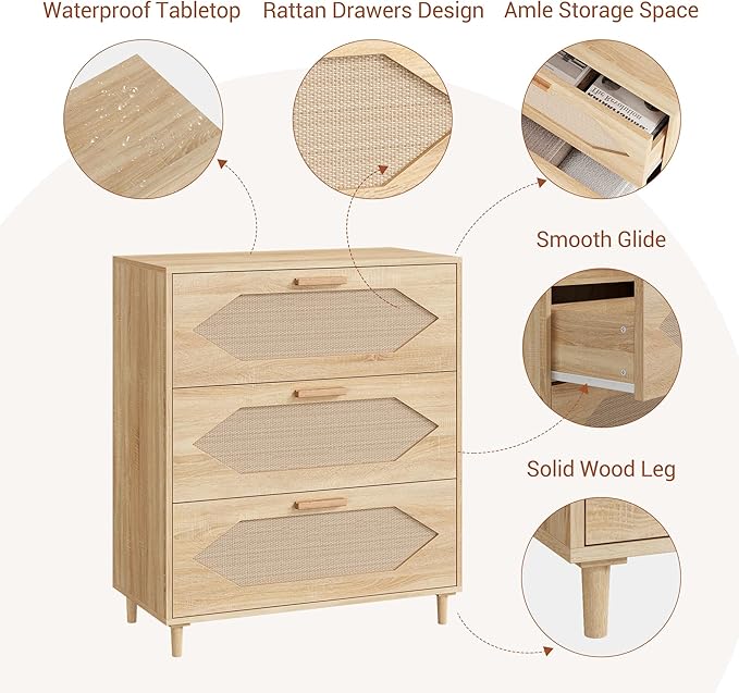 GAOMON 3 Drawer Dresser for Bedroom, 31.5 Inch Wide Rattan Modern Closet Dressers Chest of Drawers, Wood Oak Storage Chest for Kids Bedroom, Hallway, Living Room, Hallway, Natural