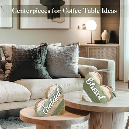 Jetec 2 Pcs Rustic Table Decorations for Living Room Home Decor Farmhouse Valentines Day Centerpiece Small Love Wooden Heart Decor for Dining Room Shelf Valentines Gift Decoration(Blessed Style)