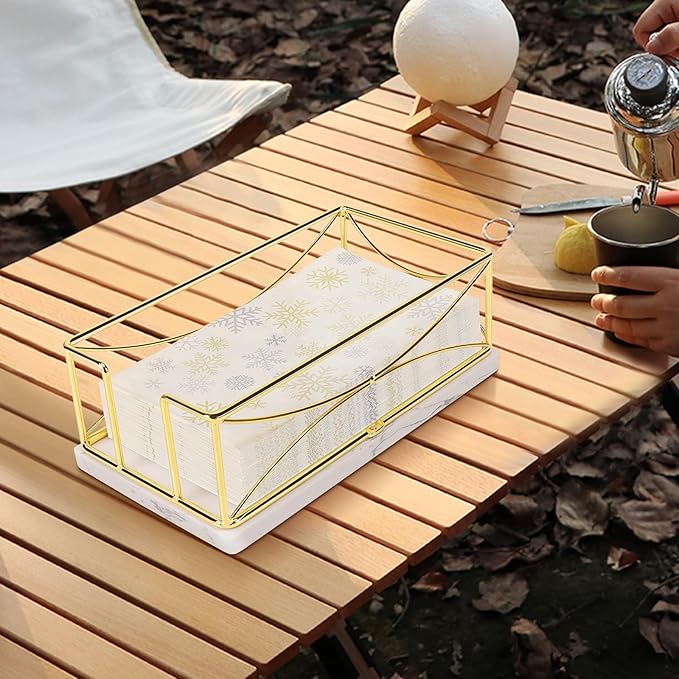 Livabber Guest Napkin Holder, Metal Bathroom Paper Hand Towel Storage Modern Napkin Tray Caddy for Countertop, Table Kitchen, Dinning Room (Gold, Marble Base)