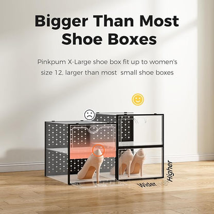Pinkpum 12 Pcs XLarge Shoe & Sneaker Storage Organizer Box Clear Plastic Stackable Closet Black