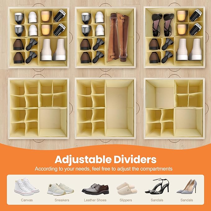 Shoe Organizer for Closet, Shoe Storage Organizer with Wheels and Adjustable Divider, Stackable Shoe Storage Box with Clear Cover, Foldable Closet Shoe Organizer Fits up to 16-32 Pairs, Gray and Beige