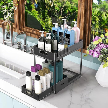 2 Pack Under Sink Organizer with Pull-Out Drawer, 2-Tier Cabinet Storage for Kitchen & Bathroom, Fits Cleaning Supplies & Toiletries, Space Saving for Small Cabinets, Double-layer Sliding Black