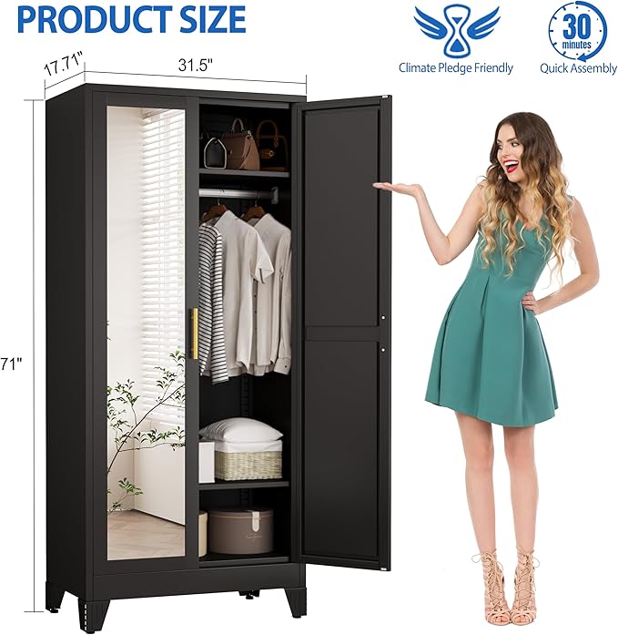 GAIOUS Metal Wardrobe Cabinet with Mirror and Hanging Rod, 71" Black | Clothing Storage Cabinets with 2 Doors and Adjustable Shelves, Armoire Wardrobe Closet for Bedroom, Laundry Room, Cloak Room