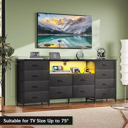 WLIVE 12 Drawer Dresser for Bedroom, Black Dresser TV Stand for 65, 70, 75 inch TV with Led Light & Charging Station, Wide Chest of Drawers with Open Shelves, Fabric Dressers for Closet, Living Room