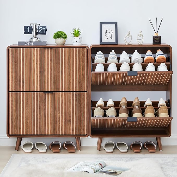 Fluted Shoe Cabinet Storage for Entryway,Slim Shoe Cabinet with 2 Flip Drawers, Narrow Shoes Rack Organizer (All Walnut, 2 Drawers)