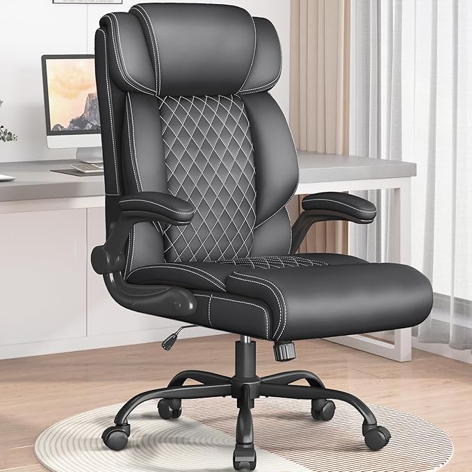 Office Chair-Executive High Back Breathable Comfy Desk Chair with Flip-up Armrests Lumbar Support-Ergonomic Leather Rolling Swivel Chair with Rock Function for Working Studying Gaming