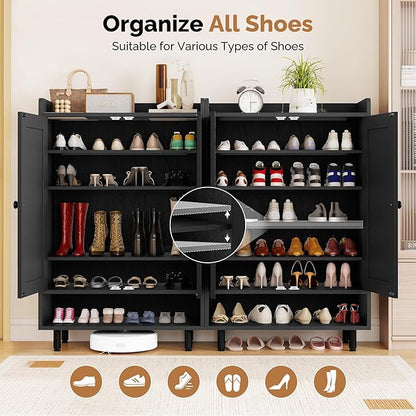 Farmhouse Shoe Cabinet with Doors, 6-Tier Wooden Shoe Organizer with Adjustable Shelves, Entryway Storage Cabinet with Metal Legs, Rustic Shoe Storage for Entryway or Living Room (Black)