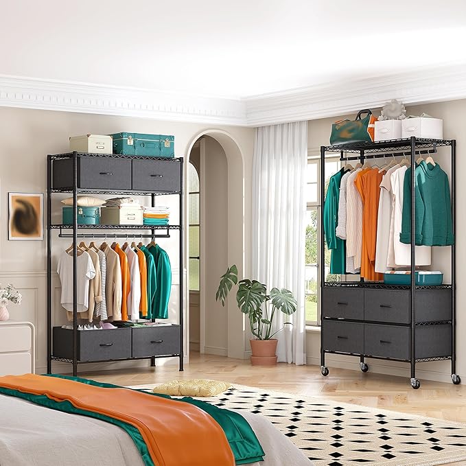 Raybee Rolling Clothes Rack for Hanging Clothes, Clothing Rack with 4 Fabric Drawers and Wheels, Portable,Adjustable,Sturdy,Black