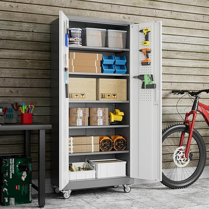 Metal Garage Storage Cabinet with Wheels, 71" H×32" W×16" D Metal Storage Cabinet with 5 Adjustable Shelves,Pegboard and Lockable Doors for Garage Home Office Utility Room,Required Assembly