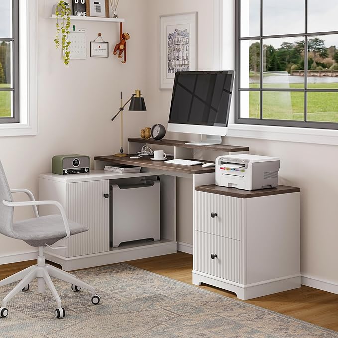 67" L Shaped Executive Desk with Drawers & Storage Shelf, Corner Computer Desk with Power Outlets, Home Office Desk with Monitor Stand, Printer Shelf, Computer Writing Desk for Work, Antique White