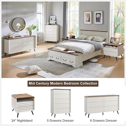 RedLemon 24" Nightstand with Charger Station, Mid Century Modern Fluted End Table with 2 Drawers, Wooden Side Table with Open Cubby Storage for Living Room, Bedroom, Office (Antuique White)