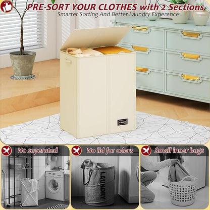 150L Laundry Hamper 2 Section, Large Laundry Hamper with Lid, Dirty Clothes Hamper with 2 Removable Inner Bags, Collapsible Laundry Basket Organizer for for Clothes Toys Towels, Hamper 2 Compartment