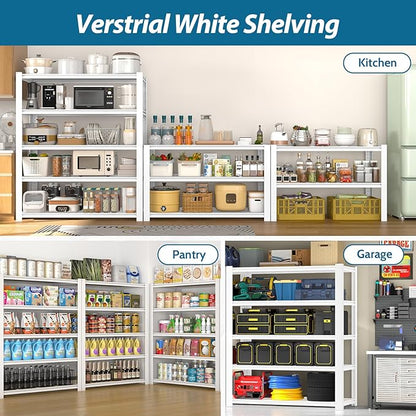 PrimeZone 28" W x 12" D x 59" H Closet Storage Shelves - 5 Tier White Metal Connector Shelving, Adjustable Heavy Duty Garage Shelves, Utility Rack Organizer Shelf for Kitchen Pantry Closet, 4 PCS