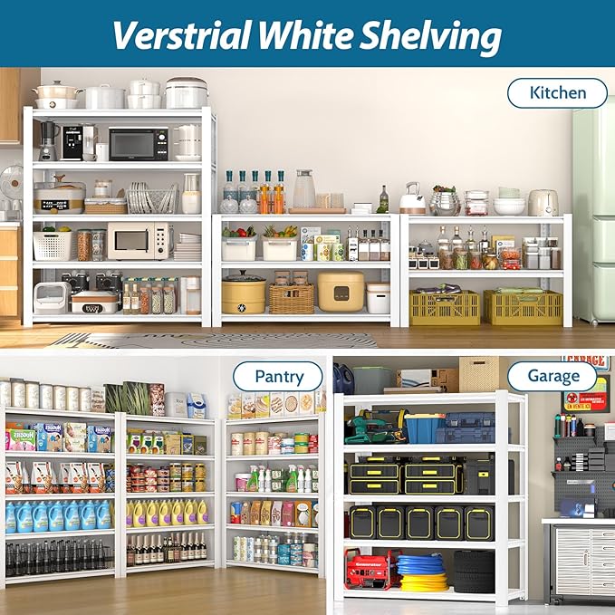 PrimeZone 28" W x 12" D x 59" H Closet Storage Shelves - 5 Tier White Metal Connector Shelving, Adjustable Heavy Duty Garage Shelves, Utility Rack Organizer Shelf for Kitchen Pantry Closet, 3 PCS