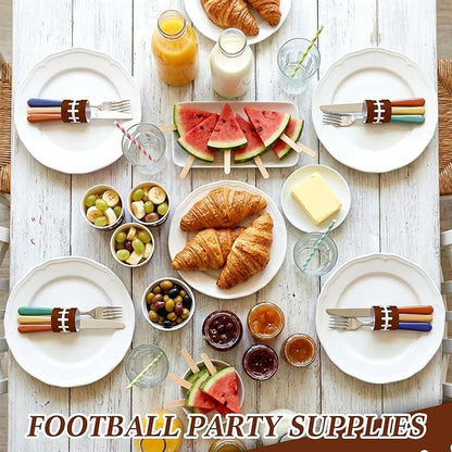 300 Pcs Football Paper Napkin Rings Bulk Disposable Sports Napkin Holder Self Adhesive Brown Silverware Wrap Band for Game Day Birthday Holiday Party Table Setting Decoration
