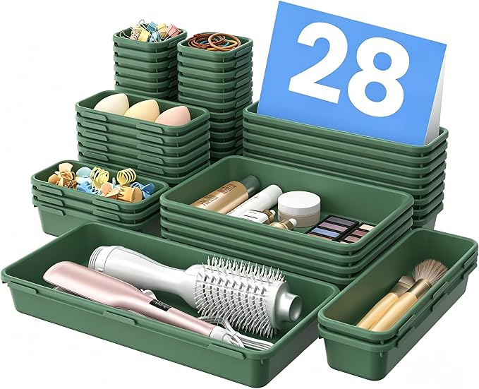 A-LuGei 【Military Grade】 Drawer Organizer, 【𝟱𝗦𝗶𝘇𝗲】 Makeup organizer, 【Holds 177 Items】 Bathroom Organizers and Storage, Organization and Storage, Desk Drawer Organizer for Vanity (Green)