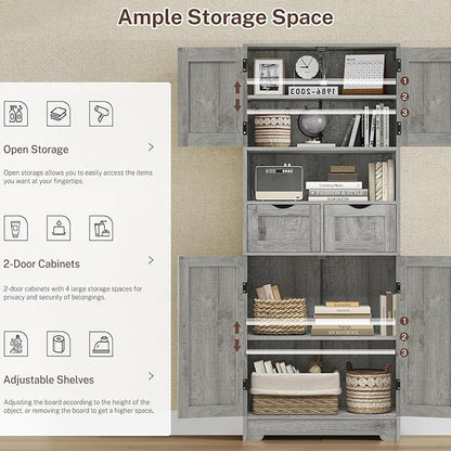 TEENFON 57.8" H Tall Storage Cabinet with 2 Drawers & 2 Adjustable Shelves, Bathroom Storage Cabinet with 4 Doors, Floor Cupboard, for Living Room, Dining Room, Entryway, Woodgrain Gray