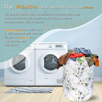 Watercolor Green Leaves Branches Laundry Hamper With Handles Foldable Oxford Cloth Tote Bag Colorful Laundry Basket Clothes Toy Storage Bucket 18.9" x 16.5" For Bathroom/Laundry/Bedroom