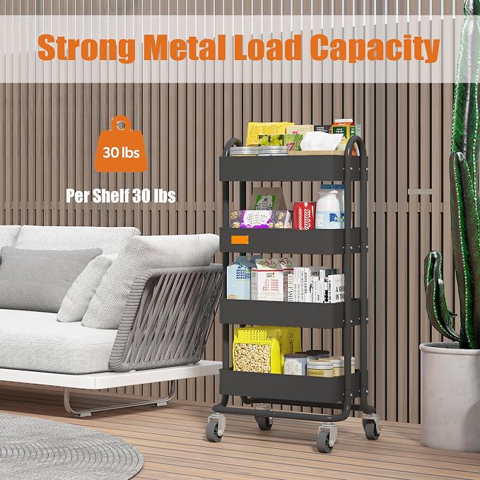4-Tier Metal Rolling Cart with Wheels,4 Tier Utility Cart with Wheels for Office,Home,Kitchen,Garden（13.4"x18.1"x40"） Black