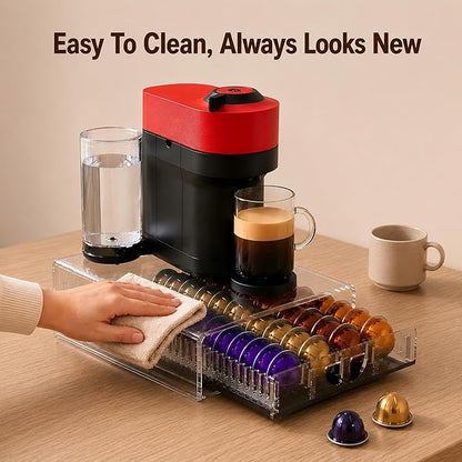 Coffee Pod Drawer Organizer for Nespresso Vertuo Pods,Acrylic Coffee Pod Holder Holds 40 Large or 60 Small Capsules or 28 K-Cups,Pull-Out Drawer with Anti-Slip Base for Home & Office,Matte Black
