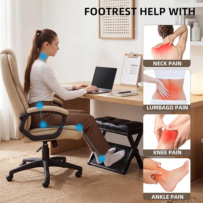 Double Step Foot Stool Under Desk, Wooden Ergonomic Foot Rest with Non-Slip EVA Surface, Office Footstool for Posture Support, Home Office Gaming Desk Foot Rest for Adults-Black