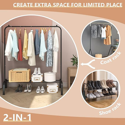 JIUYOTREE Metal Clothing Rack, 43.3 Inches Garment Rack with Bottom Shelf for Hanging Clothes, Coats, Skirts, Shirts, Sweaters, Black