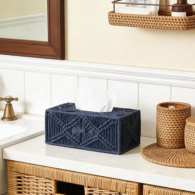 Woven Macrame Boho Tissue Box Cover Rectangular for Home Decor,Resin Heavy Woven Tissue Box Holder for Bathroom Kitchen Countertop,Bedroom, Vanity, Night Stand, Office, Waterproof Durable (Blue)