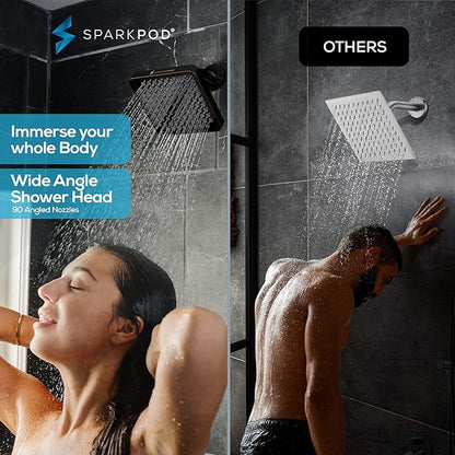 SparkPod Rain Shower Head, 6 Inch Square | High Pressure Shower Heads, 90 Nozzle (Touch-to-Clean), Adjustable Showerhead, No-tool Universal Connection