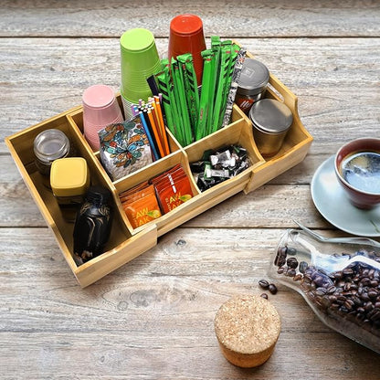 WRINGKIT Coffee Station Organizer for Countertop, Bamboo Coffee Bar Condiment Organizer, Extendable Tea Condiment Storage for Bar Decor, Kitchen, Office, 7 Compartment