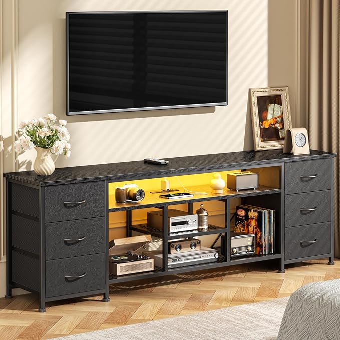 Furologee LED TV Stand for 65, 70 Inch TV, 63 Inch Entertainment Center with Power Outlets, 6 Fabric Drawers Dresser for Bedroom, Media Console with Open Shelves, PU Leather Surface, Black