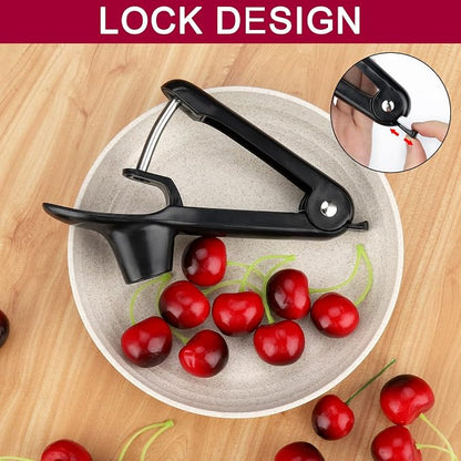Cherry Pitter, Heavy-Duty Olive and Cherry Pitters Corer Tool with Space-Saving Lock Design, Multi-Function Cherries Stoner Seed Remover Tool for Making Cherry Jam (Black)