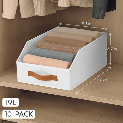 Homsorout Fabric Storage Bins for Organizing - 10 Pack Large Trapezoid Collapsible Storage Bins with Front Handle, Closet Organizers and Storage for Bedroom, Home Shelves, Small Spaces, White