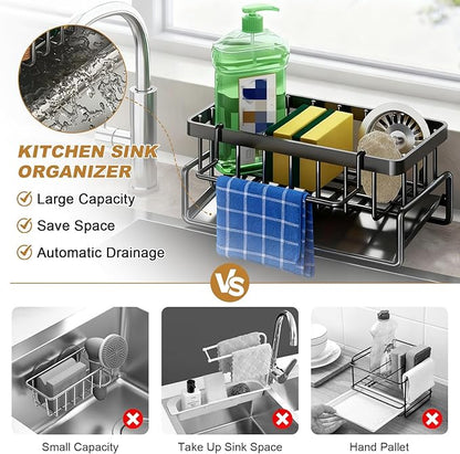 Kitchen Sink Caddy Sponge Holder, Stainless Steel Sink Organizer Rack for Kitchen, Self-Draining Sponge Caddy, Home Sink Accessories for Steel Wool Scrubber,Soap,Dish Brush,Scrubber
