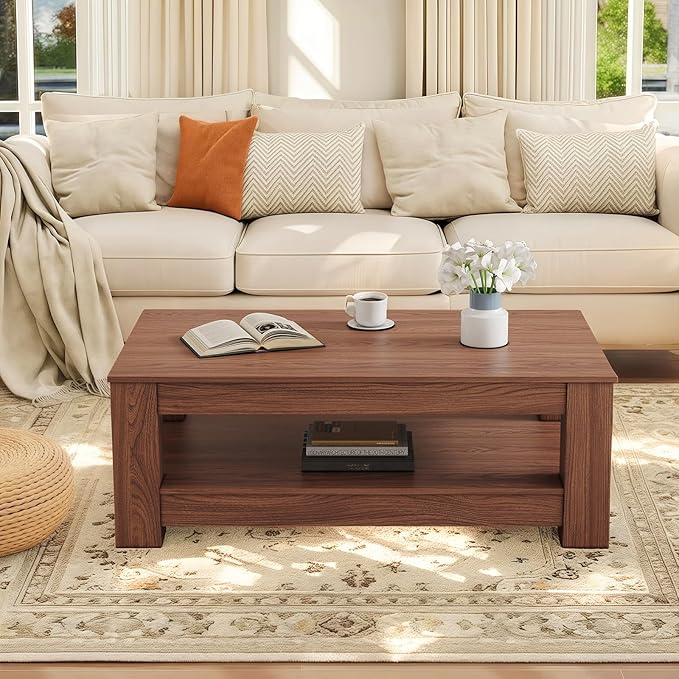 LKTART 43.3" Coffee Table with Storage, 2-Tier Mid Century Rectangular Accent Table with Thick Tabletop, Rustic Style Cocktail, Center Table for Living Room, Office, Apartment (Walnut)