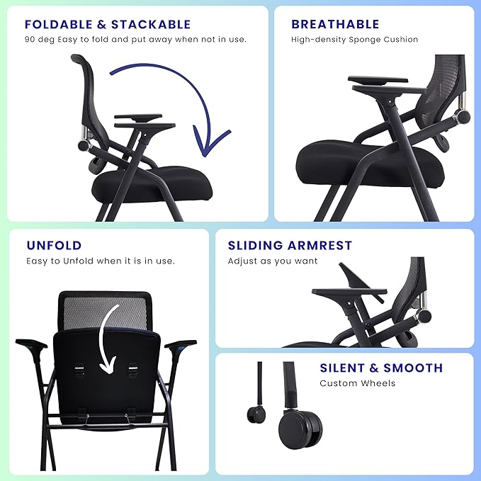 8 Pack Stackable & Foldable Conference Room Chairs with Lumbar Support, Armrest - Ergonomic Mesh Bouncing Back for Office Meeting, Conference, Reception and Training Room Chair