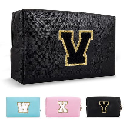 Personalized Initial A-Z Preppy Patch Makeup Bag,Small PU Chenille Letter Cosmetic Bag with Zipper for Teen Girls,Black Cute Toiletry Organizer Bag,Monogram Makeup Case Gift for Women Girls,Letter V