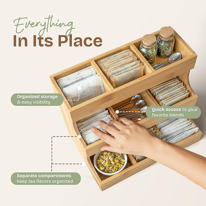 Tea bag organizer with 3-tier storage & 4 matching coasters. Fully assembled. Deluxe bamboo tea organizer for tea bags, coffee pods, condiments and pantry organization. Holds up to 180 tea bags.