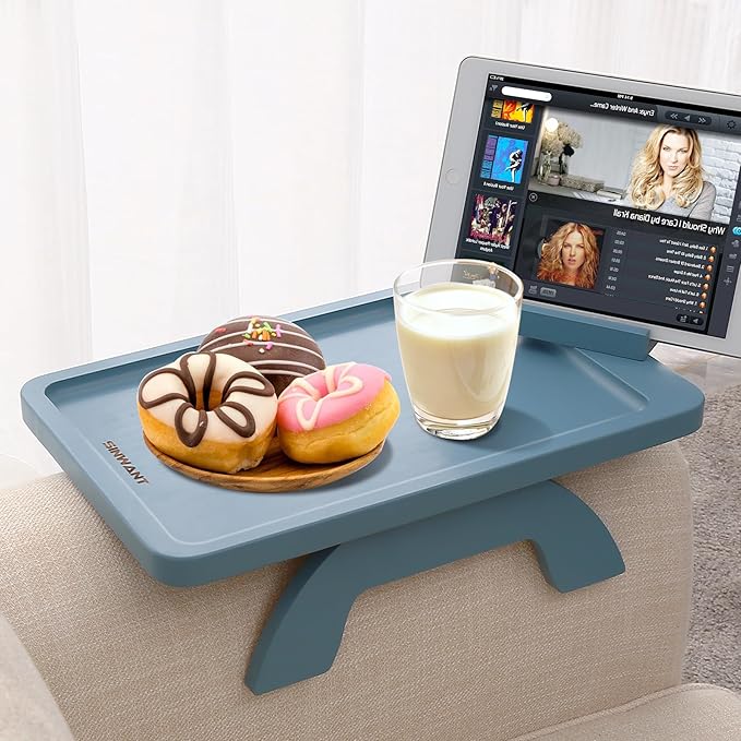 SINWANT Couch Arm Tray, Bamboo Sofa Clip on Tray Tables with 360° Phone Holder,Folding Anti Slip Couch Armrest Table for Snacks,Drinks,Remotes 15.35"x9.85"