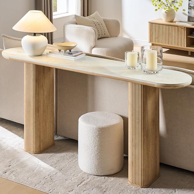 OKD 63 Inch Modern Console Table with Arc Faux Marble Texture Top, Fluted Wood Base, Contemporary Entryway Sofa Table for Living Room, Hallway, Foyer, Natural Oak