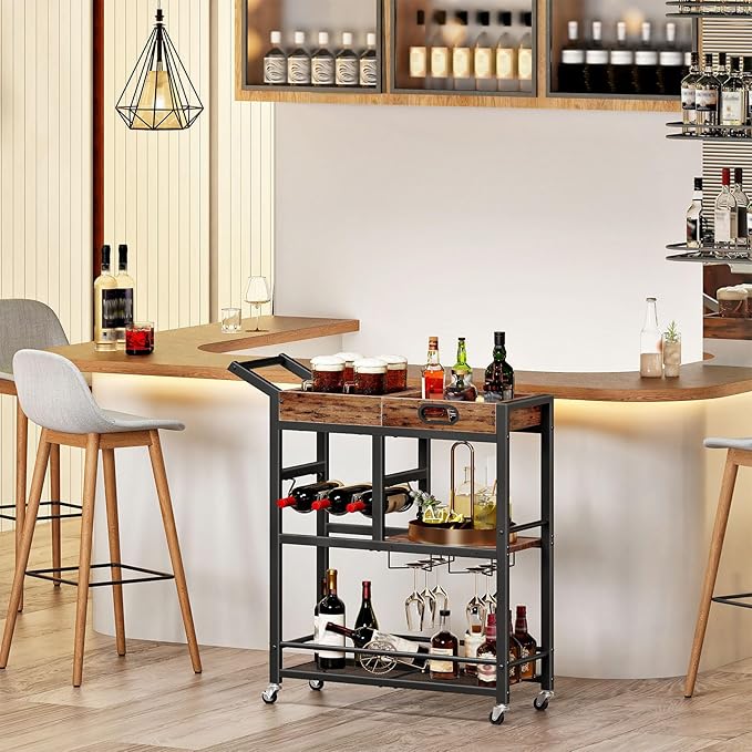 HOOBRO Bar Cart, Bar Cart for The Home, 3-Tier Home Bar Serving Cart with Wine Rack and Glass Holder, Kitchen Cart for Home, Living Room, Party, Bar, Rustic Brown and Black BF62TC01