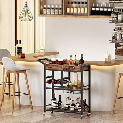 HOOBRO Bar Cart, Bar Cart for The Home, 3-Tier Home Bar Serving Cart with Wine Rack and Glass Holder, Kitchen Cart for Home, Living Room, Party, Bar, Rustic Brown and Black BF62TC01