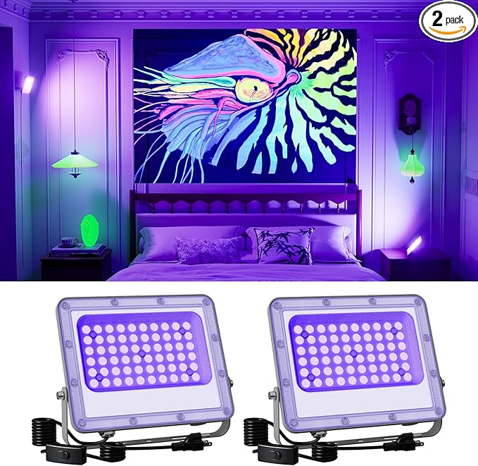 2 Pack 50W Blacklight Flood Lights Wired 120V IP66 Waterproof UV Led Black Light Use to Outdoor or Indoor for Landscape Decor, 3D Resin Prints, Ultraviolet Reactive Poster, Body Paint, Glow Party