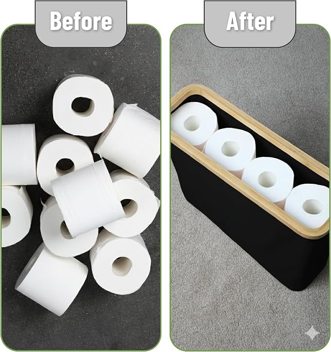BAMBOO LAND- Toilet Paper Storage with Bamboo Lid for 12 Rolls, Black, Waterproof Bamboo Toilet Paper Holder Basket