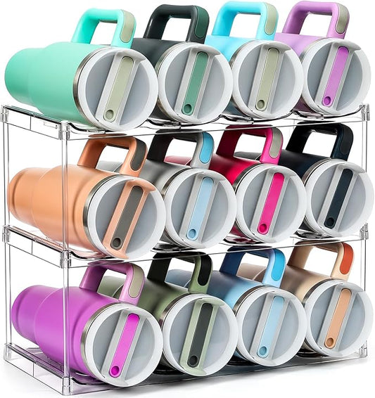 Design for Stanley 40 OZ & Large Bottles & Tumblers with Handle - Acrylic Water Bottle Organizer - Stackable Clear Wine Rack Cup Holder for Home Kitchen Pantry Shelf Countertop Cabinet, 3 Tier Hold 12